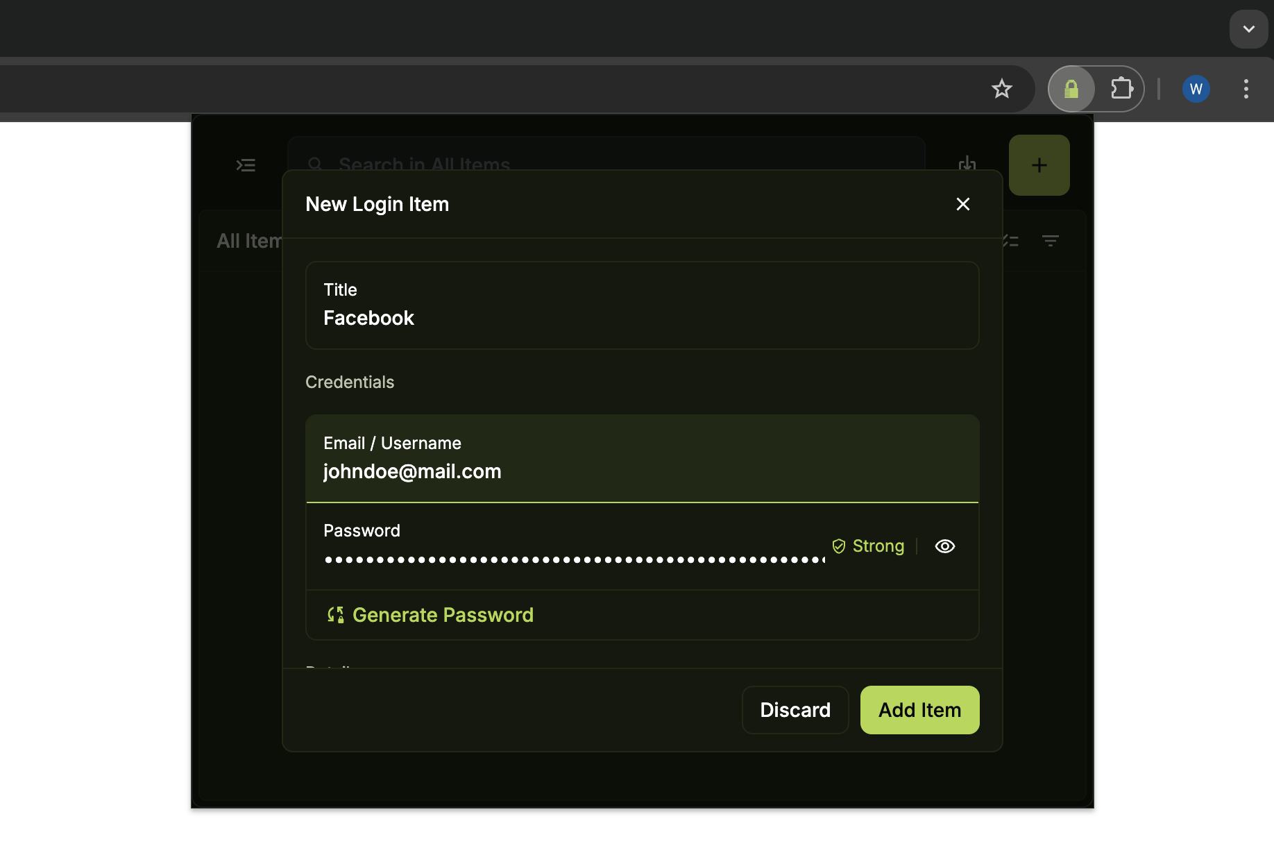 New Login Item form with details filled in and Add Item button